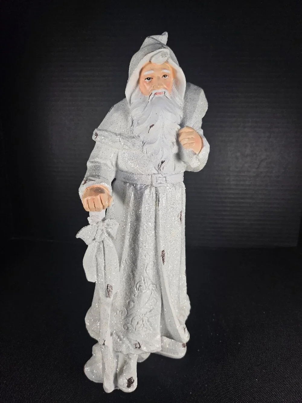 White Glitter Rustic Santa Figurine 12